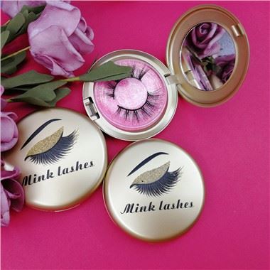Golden Round Eyelash Box With Mirror